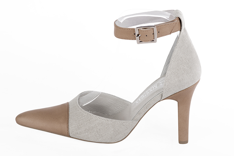 Tan beige and pearl grey women's open side shoes, with a strap around the ankle. Tapered toe. Very high kitten heels. Profile view - Florence KOOIJMAN